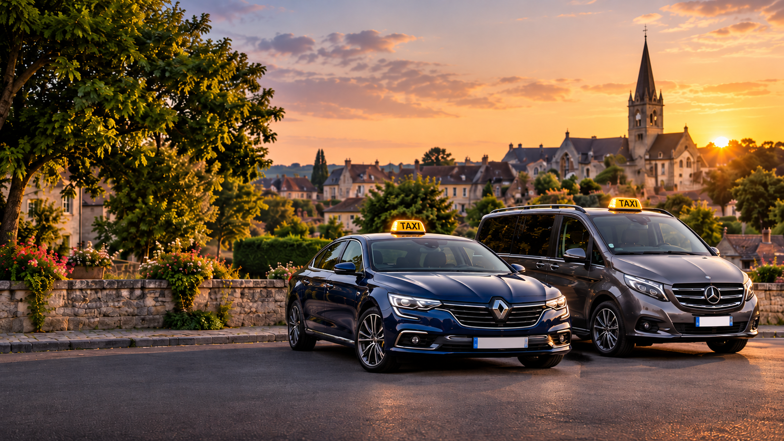 Renault Talisman bleue et Mercedes Classe V gris foncé des Taxis Erudel et Bachelin