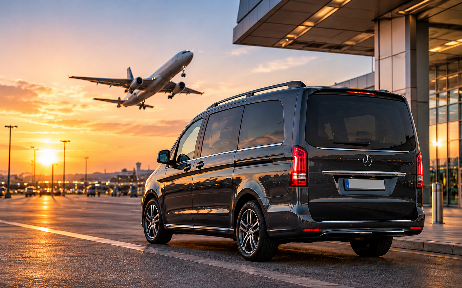 Mercedes Classe V gris foncé devant un aéroport au coucher du soleil