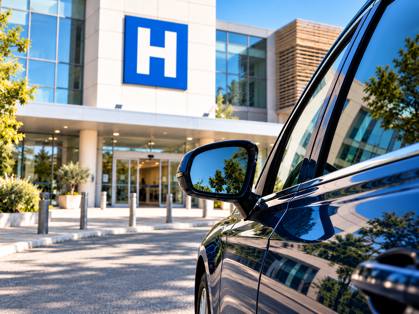 Taxi conventionné devant un établissement hospitalier