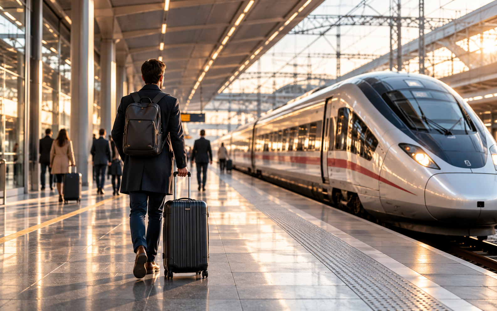 Voyageur avec valise sur un quai de gare à côté d’un train