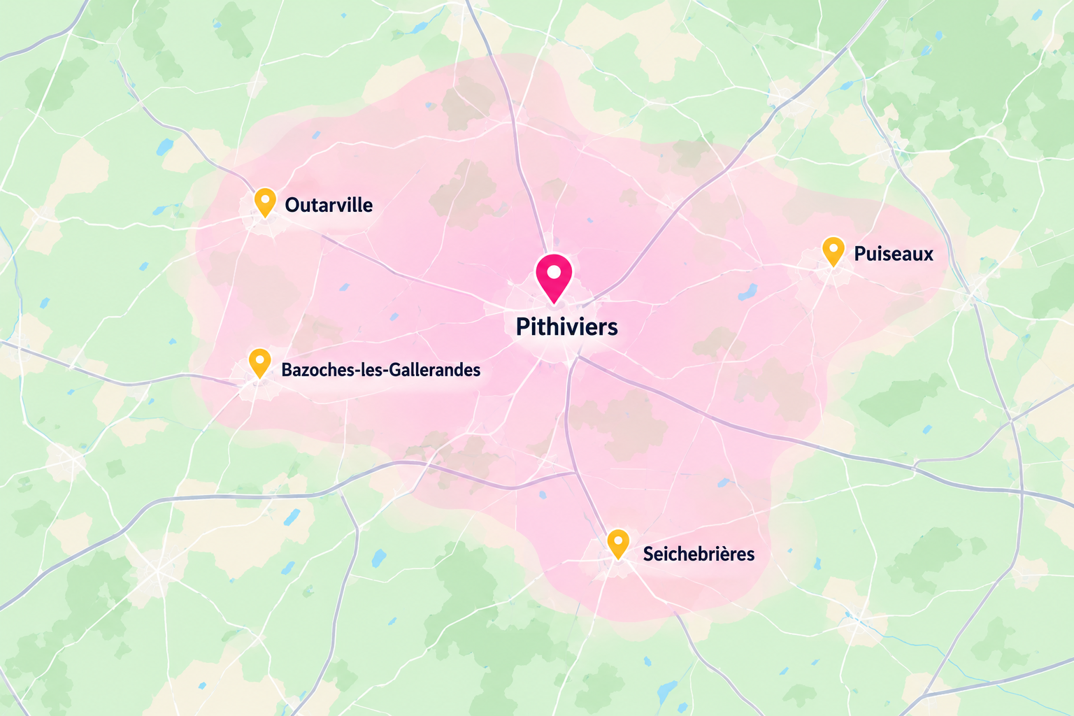Carte des communes desservies autour de Pithiviers, Outarville, Bazoches-les-Gallerandes, Puiseaux et Seichebrières